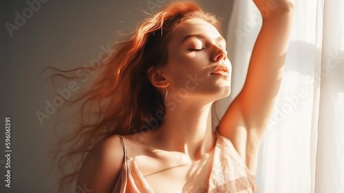 generative AI tools, Armpit epilation, lacer hair removal. Young woman showing clean underarms  photo
