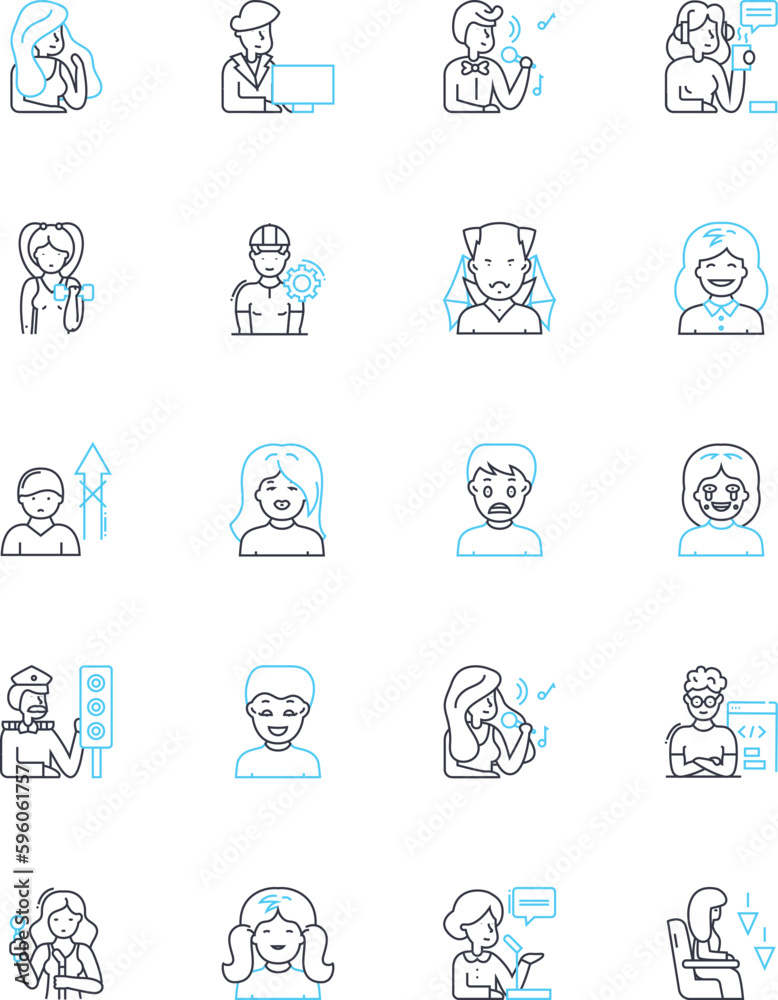 Sadness expressions linear icons set. anguish, despair, sorrow, grief, melancholy, heartache, misery line vector and concept signs. agony,sadness,woe outline illustrations