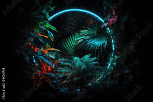 Glowing Neon Circles In The tropical Forest foliage background generative ai.