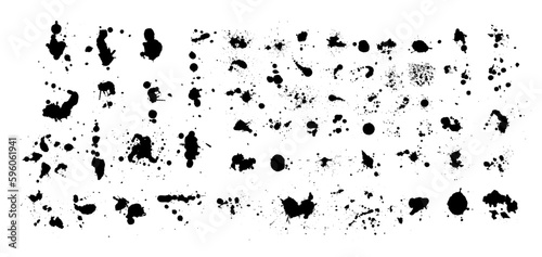 Ink splashes. Black inked splatter dirt stain splattered spray splash with drops blots isolated. Ink splashes stencil. High quality manually traced. Drops blots isolated. Vector illustration