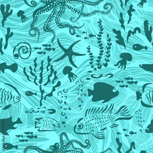Cute summer sea seamless pattern with seaweed, shells and fish. Ocean life of a tropical reef - underwater inhabitants, starfish, shellfish and algae on a blue background