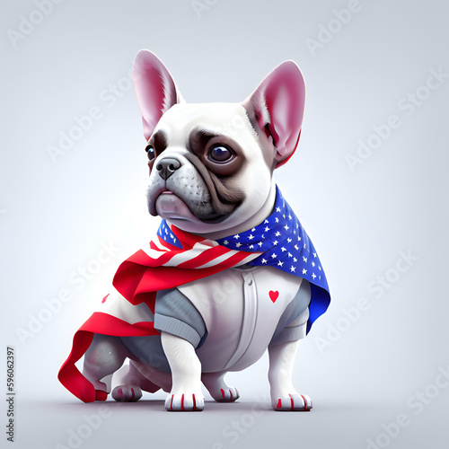 Portrait of French bulldog puppy wearing a scarf with American flag. Generative AI