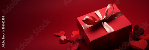 Gift on red valentine background, generative AI © ELmidoi-AI
