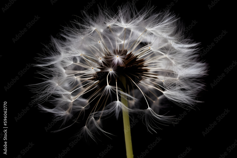Fototapeta premium Dandelion on dark background, macro, generative AI content, dreamy artistic image of nature's beauty.