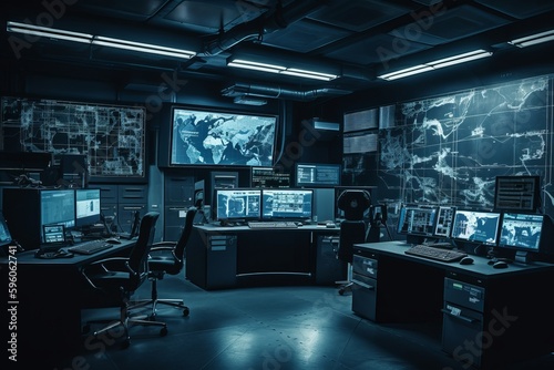Empty interior of big modern security system control room, computer room with monitors in dark. Generative AI 