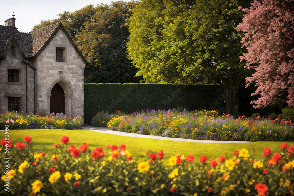 Flower garden, flowerbed close-up near old house, landscaping, beautiful nature in summer. Generative AI. Flower garden, flowerbed close-up near old house, landscaping, beautiful nature in summer. Generative AI.