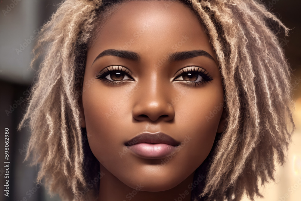 A beautiful african american woman portrait, city street as background. Generative AI. A beautiful african american woman portrait, city street as background. Generative AI.
