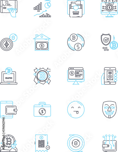 Financial innovation startup linear icons set. Fintech, Disruption, Cryptocurrency, Blockchain, Automation, Algorithm, Crowdfunding line vector and concept signs. Peer-to-peer,Mobile,Cloud outline
