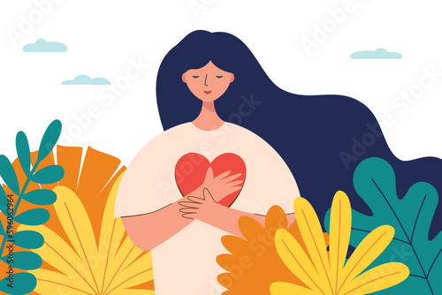 Woman with hands on her heart. Self love concept. Happy calm girl, feeling of bliss, harmony, positive emotions. Colored flat vector illustration isolated on white background