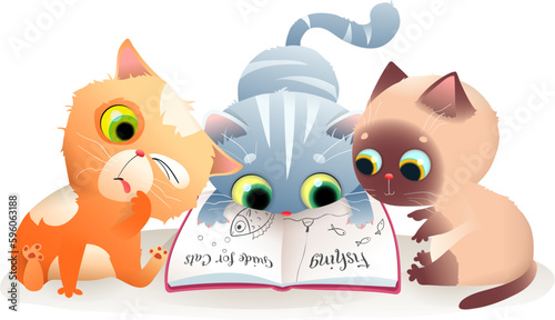 Cute cats reading a book or studying. Learning and education illustration for children. Animal characters reading story book. Amusing vector cartoon illustration, isolated clip art for kids.