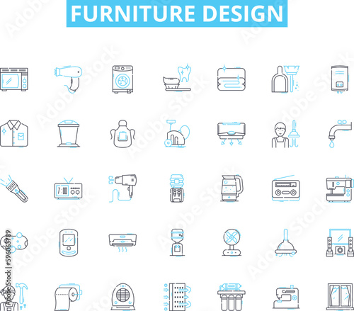 Furniture design linear icons set. Ergonomics, Minimalism, Modularity, Sustainability, Functionality, Aesthetics, Craftsmanship line vector and concept signs. Innovation,Comfort,Timelessness outline