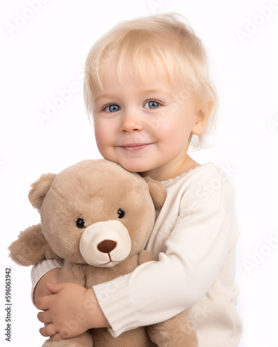 A Hug from My Best Friend: Toddler Embracing Plush Bear. Isolated on White Background.