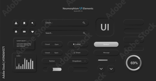 A set of user interface elements for a mobile application. A collection of icons for user interface development in black and gray. Buttons for mobile devices in the style of neumorphism, UI, UX