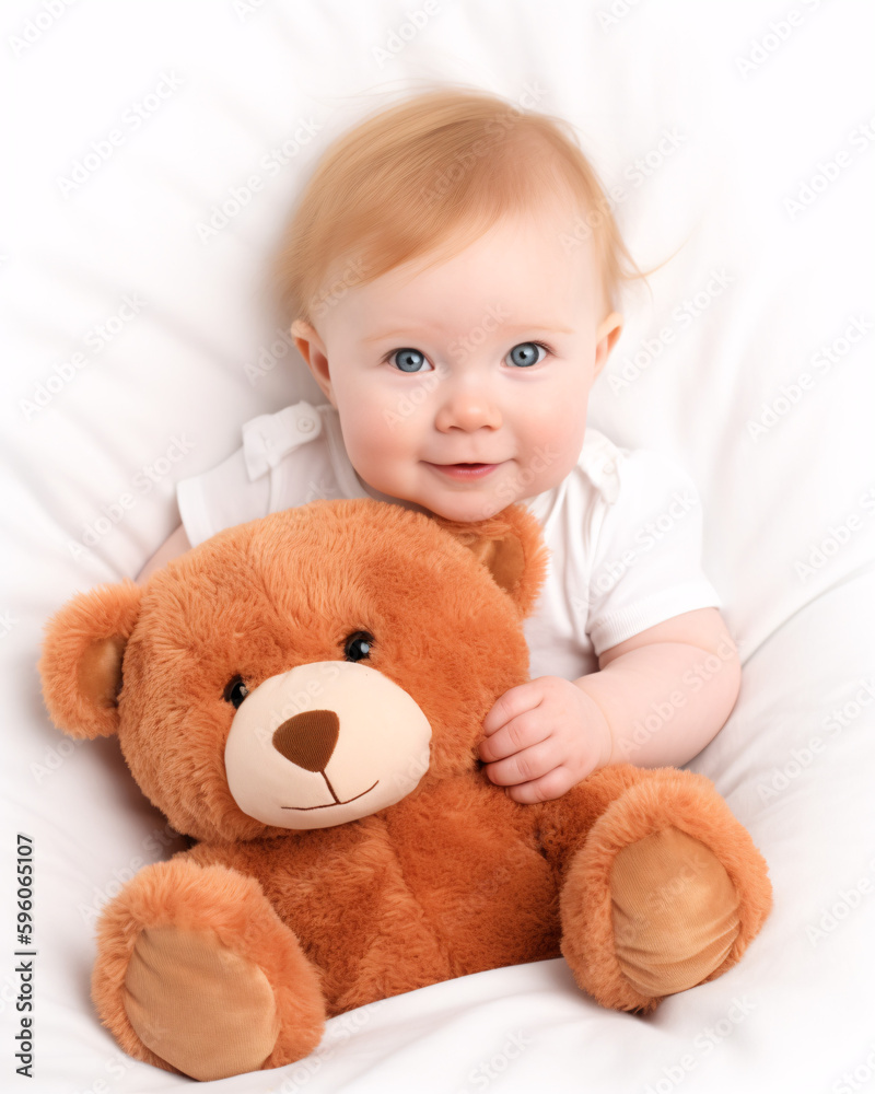 A Soft and Cuddly Companion: Toddler with Plush Bear. Isolated on White Background. A Soft and Cuddly Companion: Toddler with Plush Bear. Isolated on White Background.