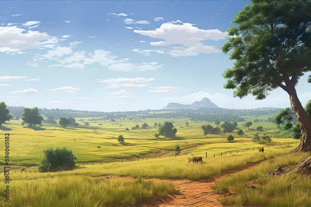 Idyllic Summer Plains Landscape with Good Weather, Generated by AI