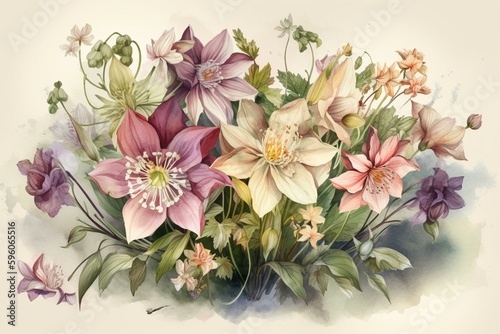 Fényképezés Watercolour illustration of aquilegia summer flowers bouquet