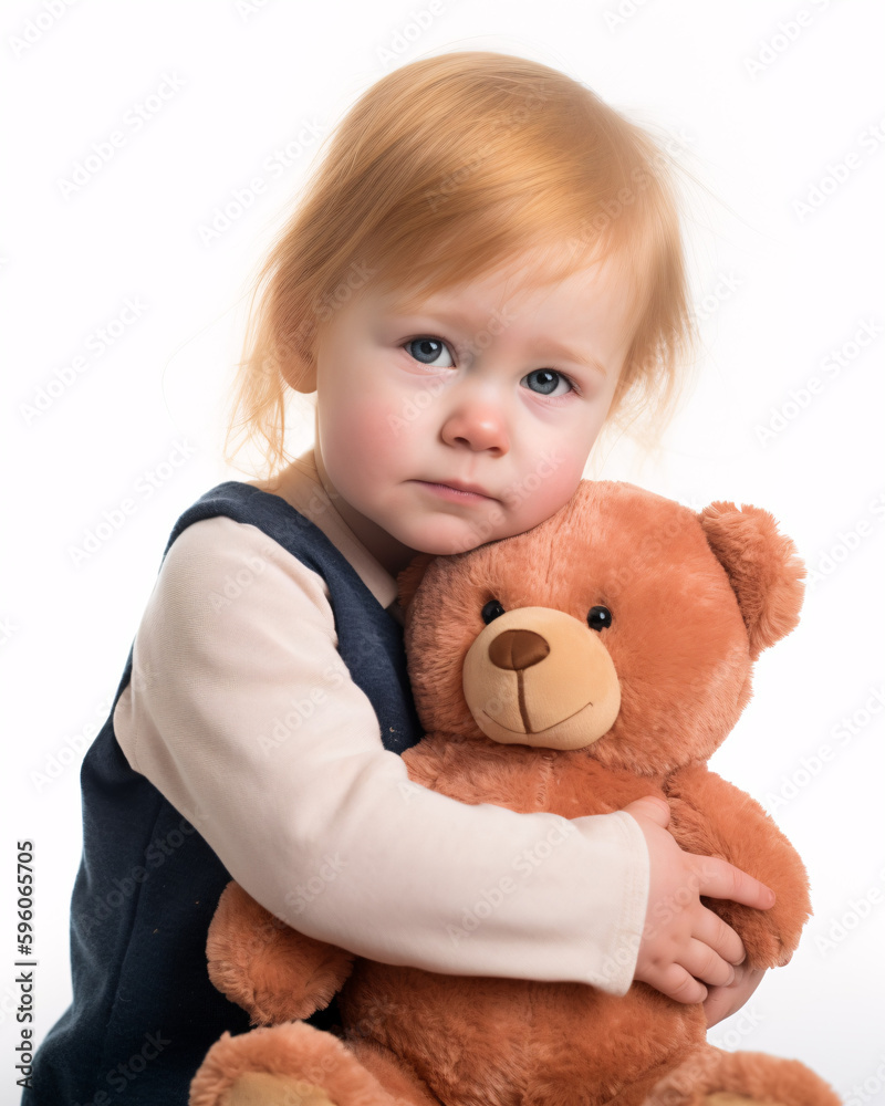 Childhood Comfort: Toddler Cuddling with Soft Plush Bear. Isolated on White Background.