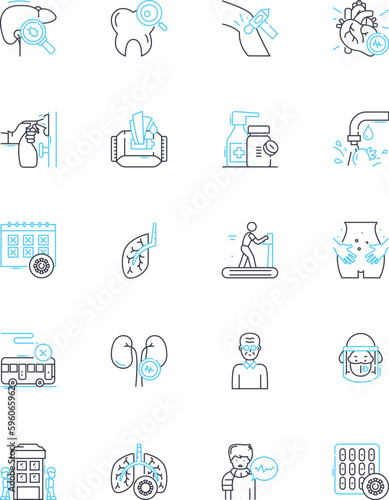 Antiviral approach linear icons set. Immunotherapy, Protease, RNA, Inhibitor, Vaccination, Antibodies, Nanoparticles line vector and concept signs. Intervention,RNAi,Neutralization outline