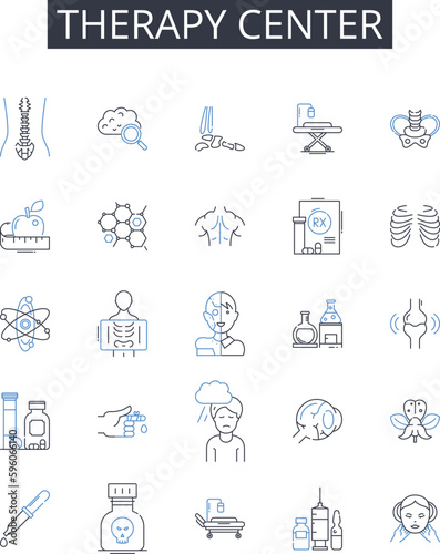 Therapy center line icons collection. Health clinic  Wellness spa  Treatment hub  Healing center  Recovery house  Rehabilitation facility  Fitness studio vector and linear illustration. Meditation