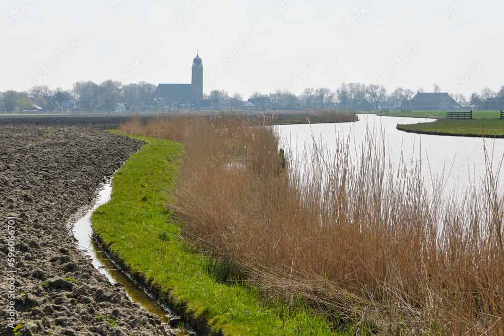 Fototapeta premium View on Deinum in Friesland The Netherlands and church tower of the Sint Janskerk from the 13th century with its typical onion shape in early spring.