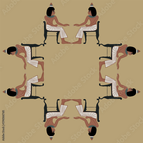 Square ethnic frame with ancient Egyptian young men sitting in chairs.