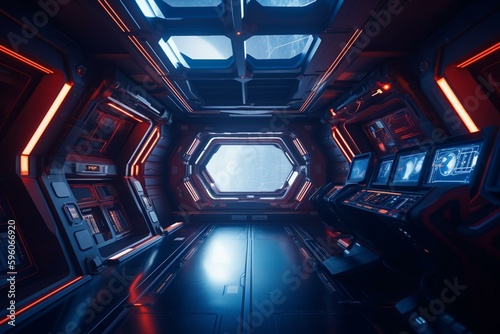A futuristic spaceship interior with blue and red lights and a large window view of Earth. Generative AI