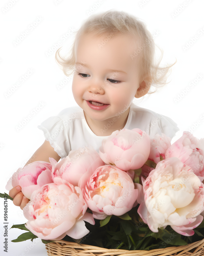 A Bouquet of Joy: Toddler Delighting in Nature's Beauty. Isolated on white background. A Bouquet of Joy: Toddler Delighting in Nature's Beauty. Isolated on white background.