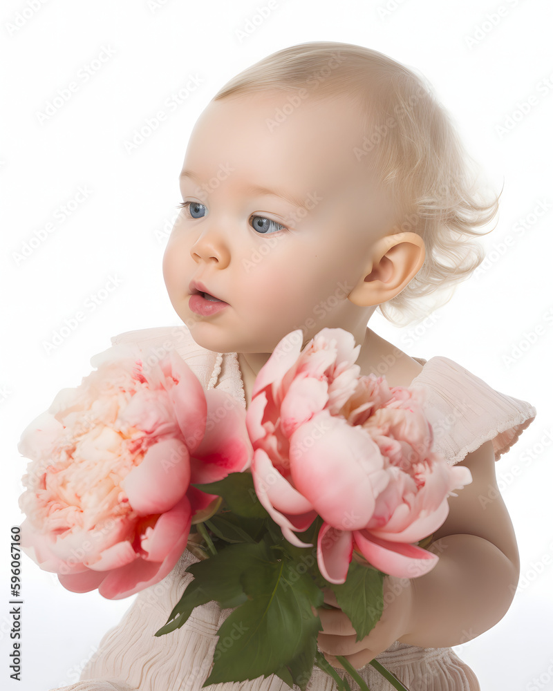 A Bouquet of Joy: Toddler Delighting in Nature's Beauty. Isolated on white background.
