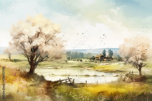 An AI generated watercolor painting of a spring landscape. Generative AI