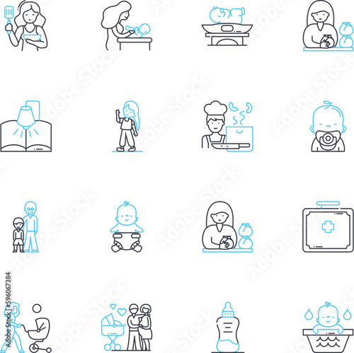 Maternity linear icons set. Pregnancy, Motherhood, Infant, Labor, Delivery, Conception, Breastfeeding line vector and concept signs. Ultrasound,Nursery,Prenatal outline illustrations