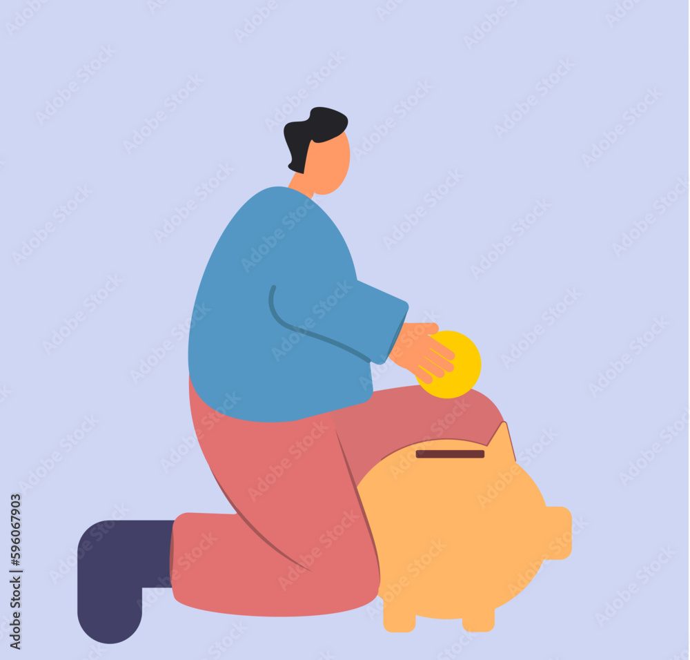 Original vector illustration of a boy throwing a coin into a piggy bank ...