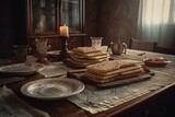Jewish Passover feast with unleavened matzah, holy books, and a sacred Torah scroll resting on the table. Generative AI
