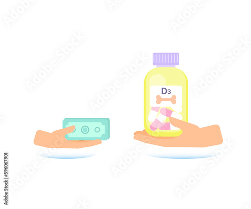 Hand giving money for medicine. Buying medical pills for dollar bills. healthcare. Medicine healthcare concept, Vector illustration for web, mobile app in flat style.  Vitamin D3.