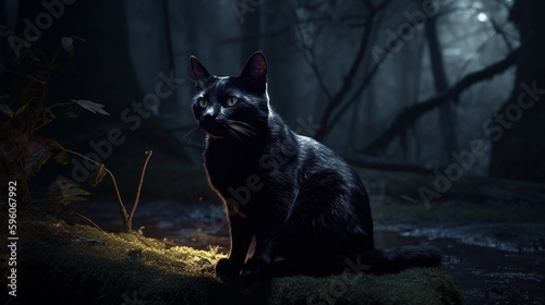black cat sitting in the dark forest.generative ai © S...