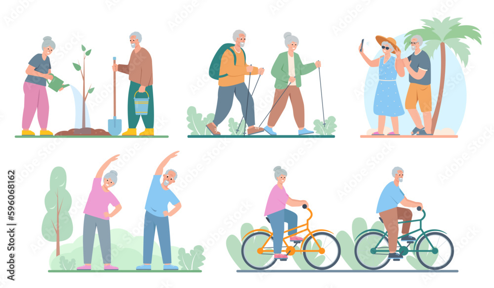 Senior people active healthy lifestyle and hobbies set. Elderly men and women walking, gardening, cycling, traveling and doing exercises. Vector cartoon or flat illustration.