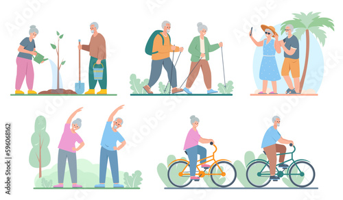 Senior people active healthy lifestyle and hobbies set. Elderly men and women walking, gardening, cycling, traveling and doing exercises. Vector cartoon or flat illustration.