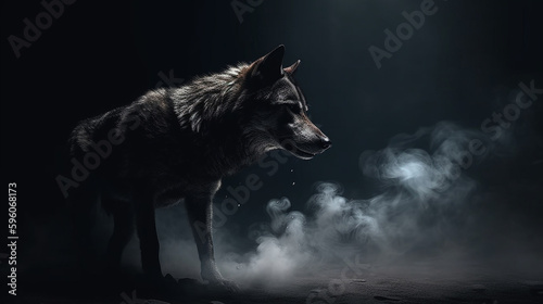 Portrait of a wolf on a black background with smoke and fog.generative ai
