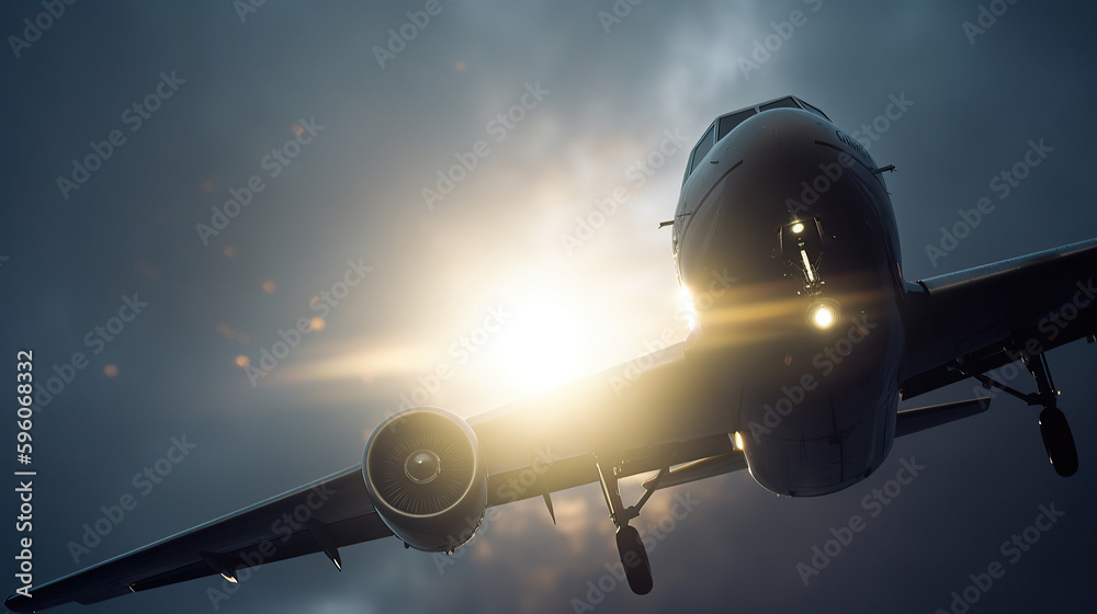 Fototapeta premium Large passenger airplane in the sky at sunset.