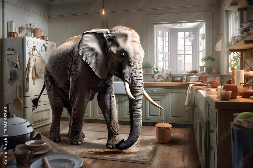 Huge elephant in the kitchen made a mess, broke the dishes and scattered them. Elephant in a china shop. Bull in a china shop. Generative AI.