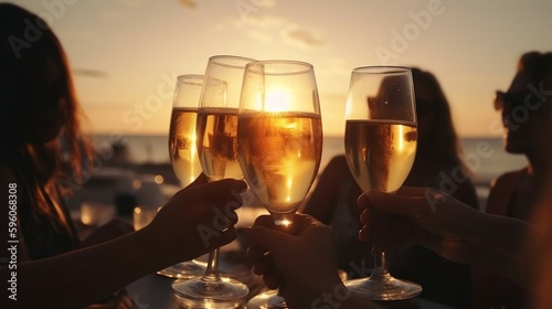 Sunset Cheers: Friends Toasting with Champagne. Ai generative