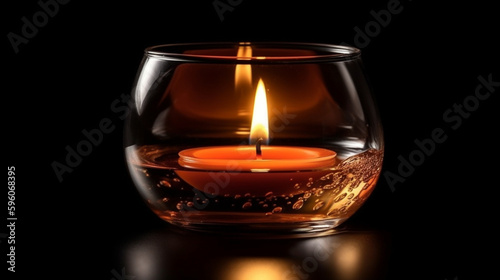 Burning candle in a glass on a black background with reflection.generative ai