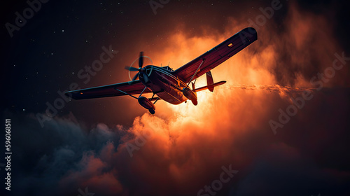 Dramatic night Sky: Aerial Firefighting in Progress, cloud background, plane coming out of smoke and flames, AI
