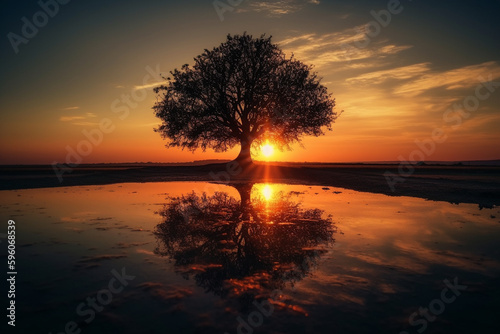 Sunset or sunrise with tree silhouette and lake or water. Ai generated