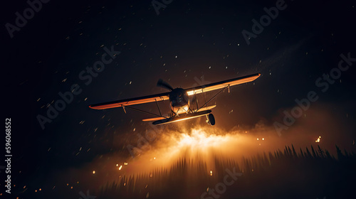 Anti-Fire Plane in the starry sky, lens flare fire light, forest seen from the sky, dark night, AI