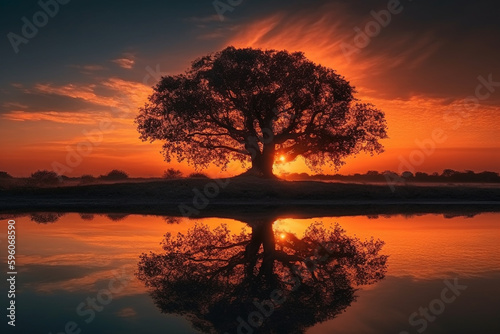 Sunset or sunrise with tree silhouette and lake or water. Ai generated © dragomirescu