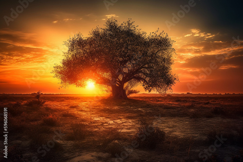 Sunset or sunrise with tree silhouette. Ai generated