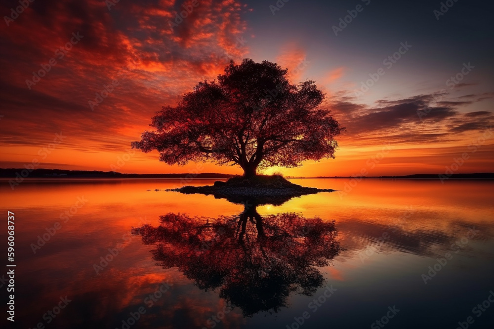 Sunset or sunrise with tree silhouette. Ai generated