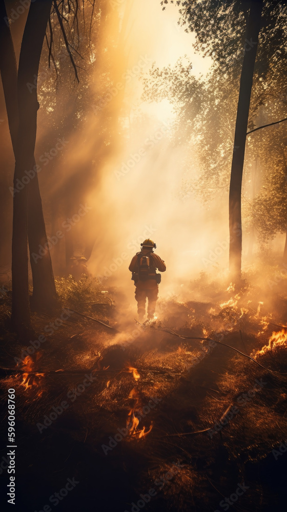 Fototapeta premium firefighter alone in the smoke of a forest fire, orange fog, courage, fire fight illustration, AI