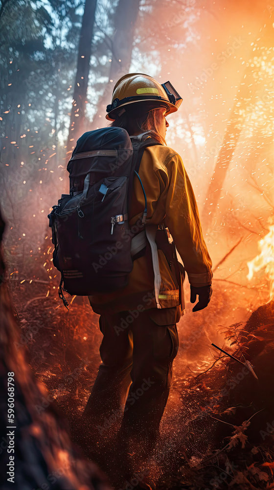 The Strength and Bravery of a upright Female Firefighter, woman back view in Forest Fire, cinematic illustration, AI The Strength and Bravery of a upright Female Firefighter, woman back view in Forest Fire, cinematic illustration, AI