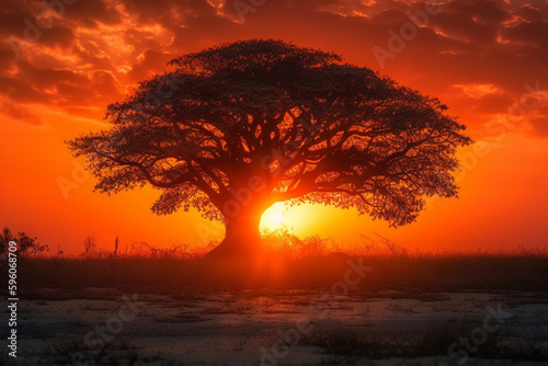 Sunset or sunrise with tree silhouette. Ai generated © dragomirescu